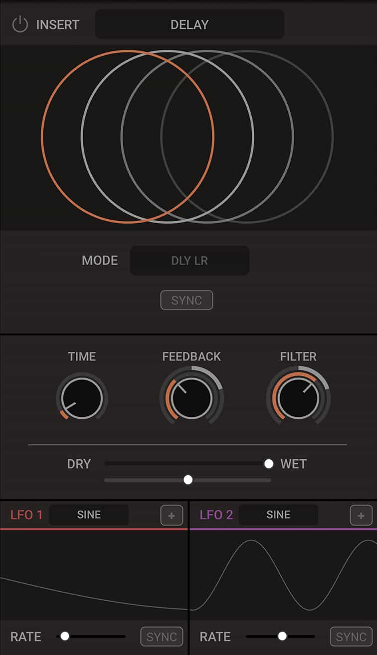Delay - A digital echo with adjustable feedback to create a sense of space and dimension or even to generate a rhythmic groove.
